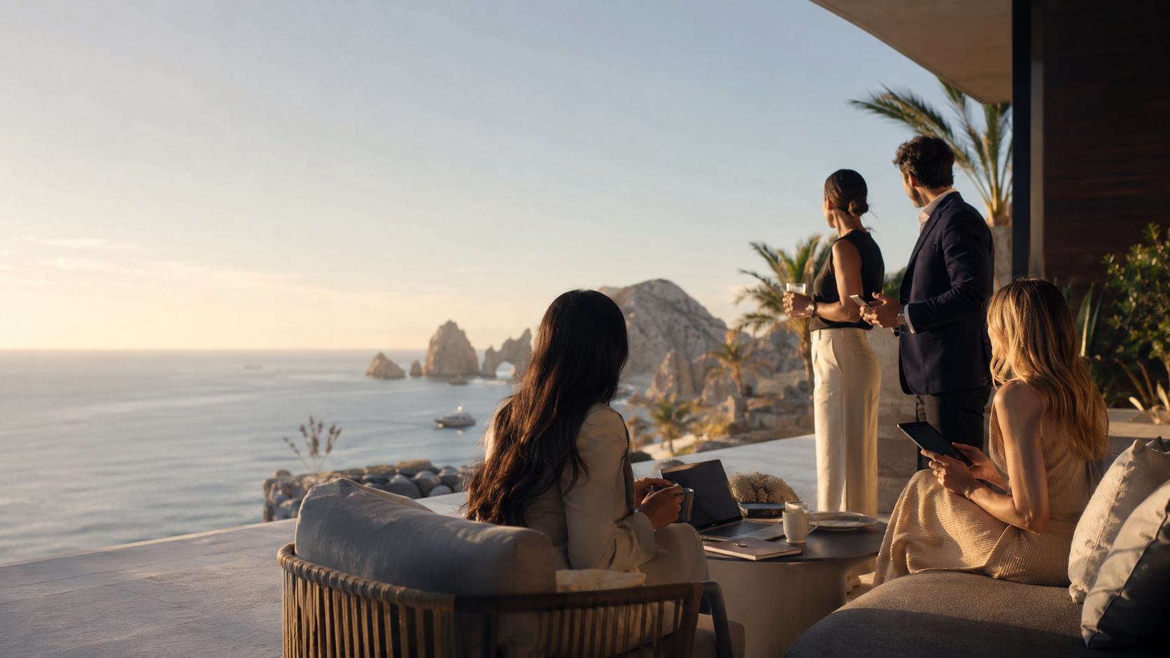 Luxury travel professionals meeting in Cabo overlooking the ocean